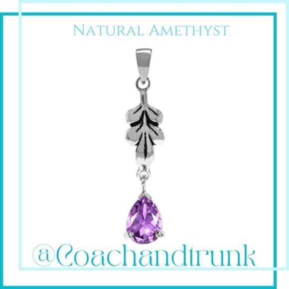 NWT Natural Amethyst 925 Sterling Silver Drop Leaf Flourish Pendant - Picture 1 of 6